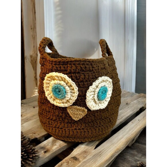 Crochet Owl Storage Basket Handmade With Handles - Picture 1 of 7